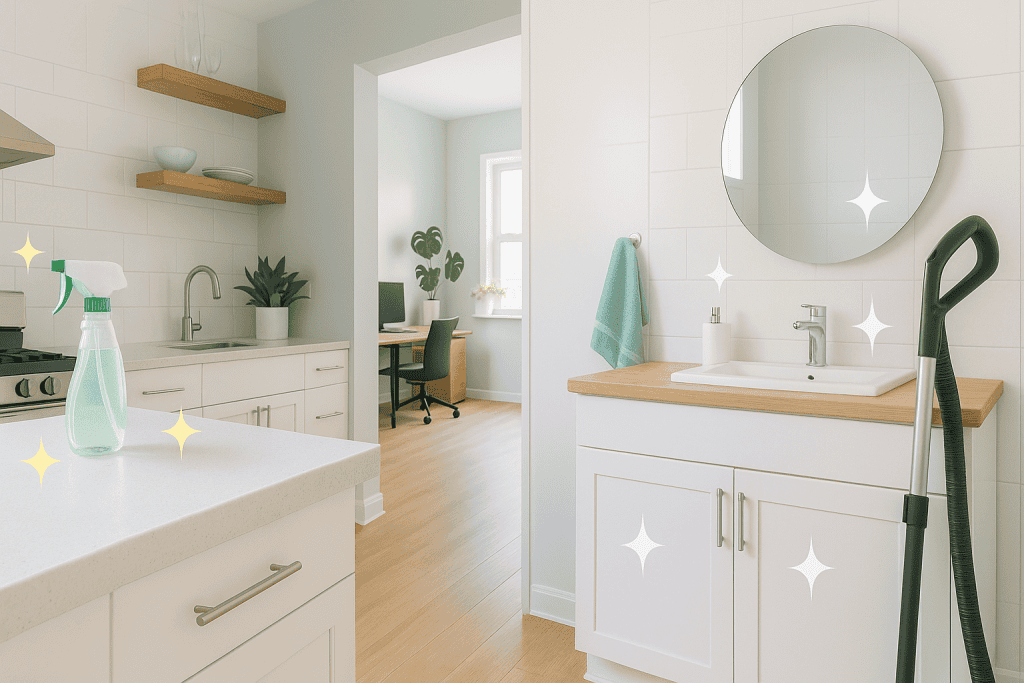 Modern, spotless kitchen and bathroom cleaned professionally with sparkling surfaces and organized decor