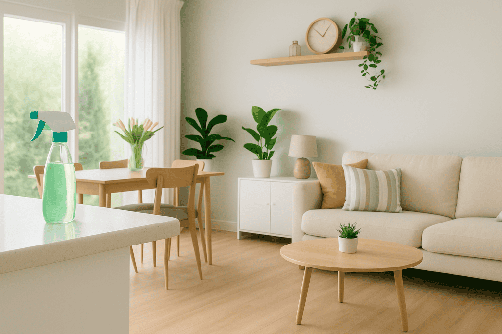A bright, modern living and dining area with a clean white interior and natural sunlight streaming through large windows.