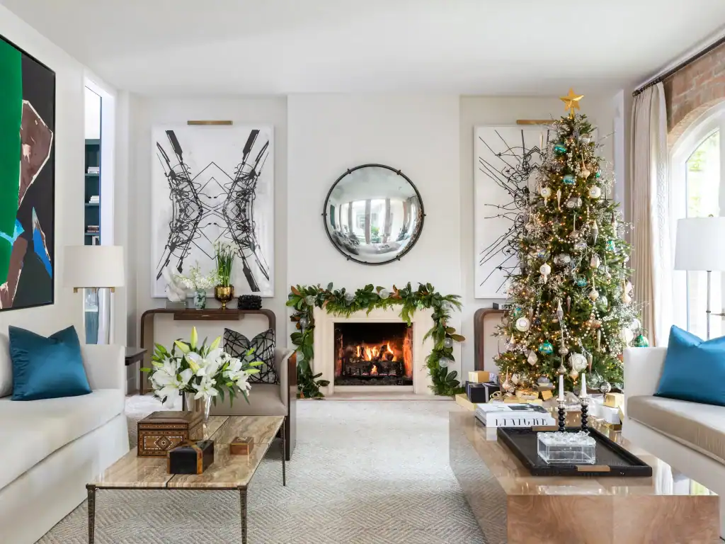 Festive Christmas home interior with a decorated tree and cozy living room setting